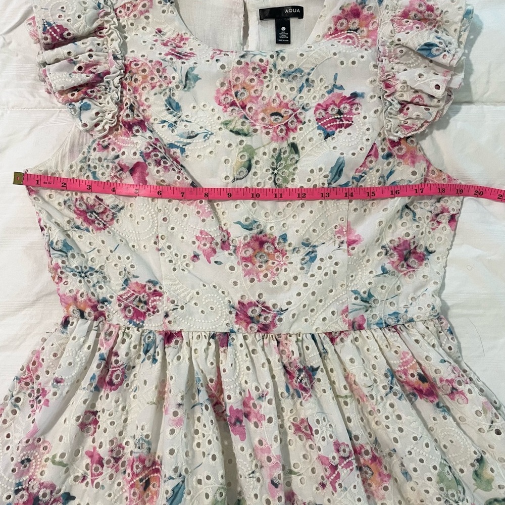 Aqua Eyelet Floral Tiered Mini Dress Ruffle Sleeves Demure Romantic SZ L EUC - Picture 9 of 10